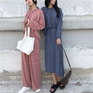 Set: Hooded Long-sleeve T-shirt + High Waist Wide-leg Pants / Set: Hooded Long-sleeve T-shirt + Midi Skirt