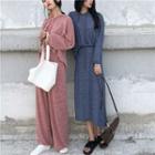 Set: Hooded Long-sleeve T-shirt + High Waist Wide-leg Pants / Set: Hooded Long-sleeve T-shirt + Midi Skirt