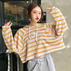Striped Long-sleeve Hooded Cropped T-shirt Stripe - Rainbow - One Size