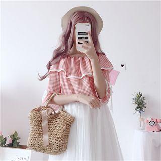 Plaid Elbow-sleeve Chiffon Blouse