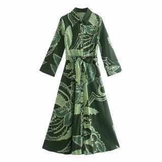 Print Tie-waist Midi A-line Shirtdress