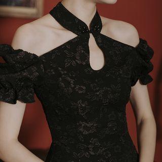 Short-sleeve Cold-shoulder Midi Qipao