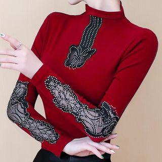Rhinestone Lace Panel Mock Neck Top