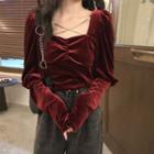 Chain Shirred Cropped Blouse Wine Red - One Size
