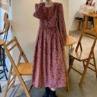 Long-sleeve Flower Print Midi A-line Dress Fuchsia - One Size