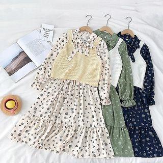 Set:plain Knit Vest + Floral Print Lace-up Long-sleeve Dress