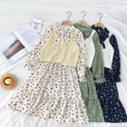 Set:plain Knit Vest + Floral Print Lace-up Long-sleeve Dress