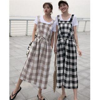 Set: Plain Short Sleeve T-shirt + Plaid Wide Leg Pinafore Jumpsuit