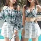 Set: Leaf Print Bikini + Off-shoulder Top