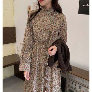Long-sleeve Ruffle Trim Floral Printed Dress As Shown In Figure - One Size