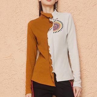 Long-sleeve Mock Neck Two-tone Knit Top