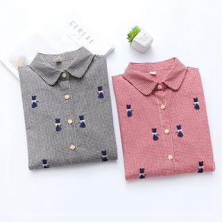 Long-sleeve Cat Embroidery Checked Shirt
