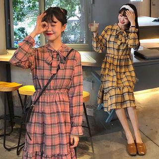 Tie-neck Gathered-waist Check Dress
