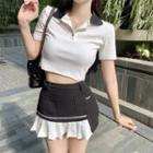 Contrast-trim Cropped Polo Shirt / Two-tone Mini Skirt