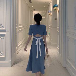 Short-sleeve Cutout-back A-line Midi Dress