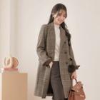 Double-breasted Houndstooth Wool Blend Coat With Keyring