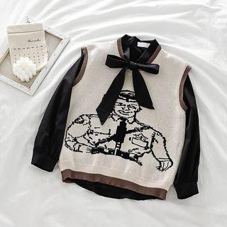 Contrast Trim Cartoon Embroidered Vest / Tie-neck Plain Shirt