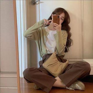 Long-sleeve Plain Knit Cardigan / High-waist Plain Dress Pants