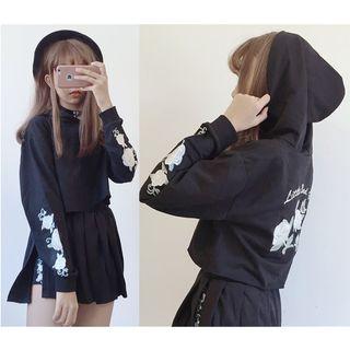 Set: Flower Embroidered Cropped Hoodie + Pleated Skirt