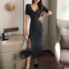 V-neck Short-sleeve Maxi Slit Sheath Dress