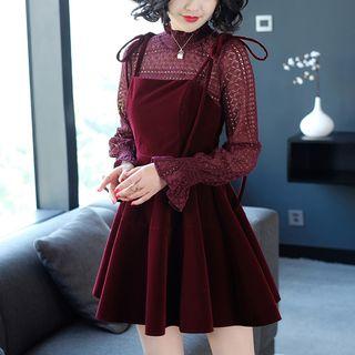 Set: Long-sleeve Top + Spaghetti Strap A-line Mini Dress