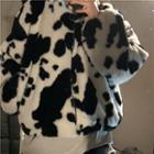 Cow Print Fluffy Hooded Jacket Dairy Cow - Black & White - One Size