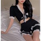 Set: Elbow-sleeve Lace Trim Top + Mini A-line Skirt