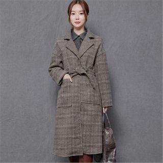 Dual-pocket Glen-plaid Wrap Coat With Sash Brown - One Size