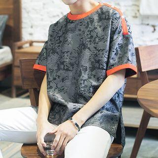 Contrast Trim Floral Print Elbow Sleeve T-shirt