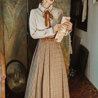 Set: Embroidered Bow Shirt + Plaid Midi A-line Skirt