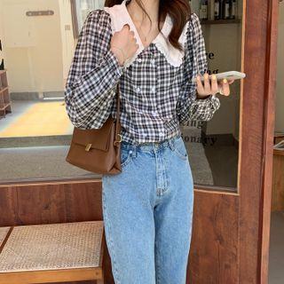Long-sleeve Collared Plaid Blouse Plaid - Black & White - One Size