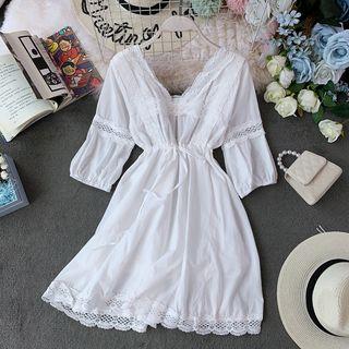 Lace-trim Elbow-sleeve A-line Dress White - One Size