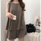 Set: Sleeveless A-line Top + Band-waist Shorts