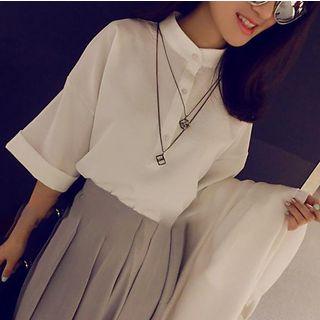 Plain Band Collar Elbow Sleeve Shirt