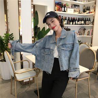 Lettering Crop Denim Jacket Blue - One Size