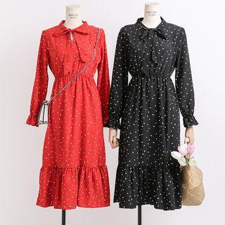 Tie-neckline Heart-print A-line Dress