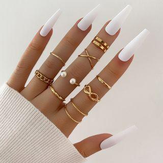 Set Of 9: Alloy Ring Set Of 9 Pcs - Gold - One Size