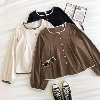 Color-block Crewneck Single-breasted Long-sleeve Blouse