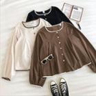 Color-block Crewneck Single-breasted Long-sleeve Blouse