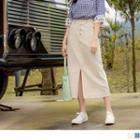 High Waist Slit Front Midi A-line Skirt