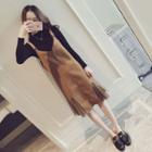 Set: Mock-neck Long-sleeve T-shirt + Mesh Panel Pinafore Dress
