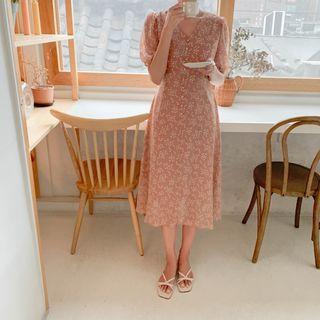 Tie-waist Floral Chiffon Dress Beige - One Size