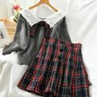 Set: Collared Sweater + Plaid Pleated Mini A-line Skirt