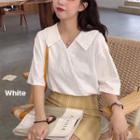 Plain V-neck Loose-fit Short-sleeve Shirt