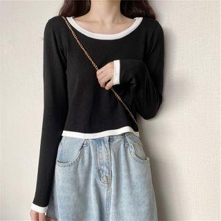 Contrast Trim Long-sleeve Plain Knit Top