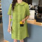 Collared Short-sleeve A-line Dress Green - One Size