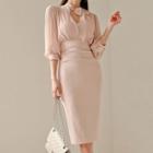 Ribbon Lantern-sleeve Sheath Dress