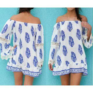 Printed Off-shoulder Long-sleeve Tunic