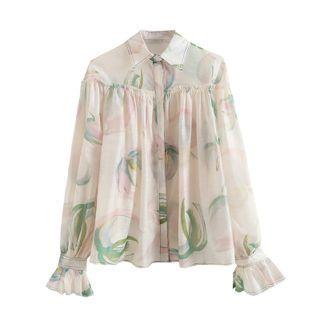 Frill Trim Floral Print Silky Shirt