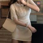 Lace Trim Short-sleeve Knit Mini Sheath Dress
